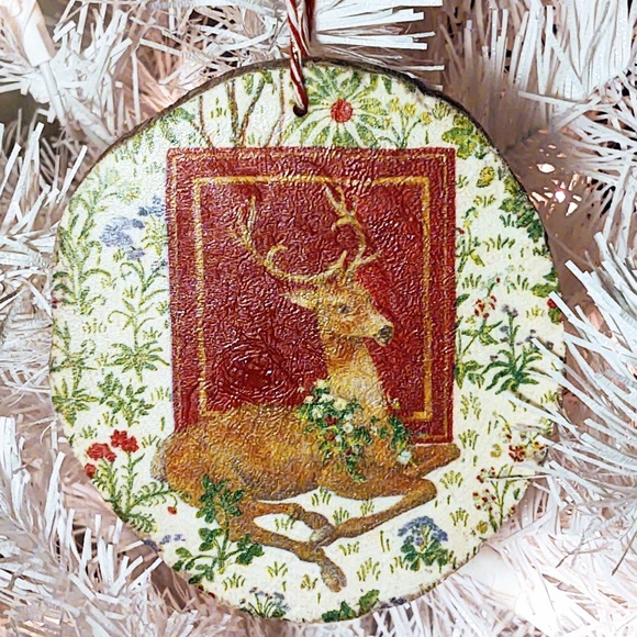 Handcrafted Decoupage Wooden Christmas Ornament/Christmas Floral Deer/Tree Decor - Picture 2 of 3